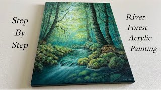 River Forest STEP by STEP  EASY Acrylic Painting Tutorial for Beginners [upl. by Aiciruam]