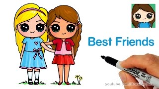 How to Draw Two Cute Girls Easy  Best Friends Forever [upl. by Aderfla]