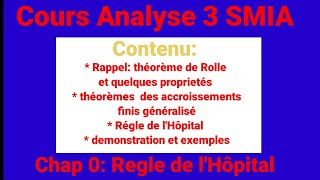 Analyse3 Chapt 0 theoreme de Rolle accroissement fini generaliser Regle de lHopital avec dem [upl. by Parke]