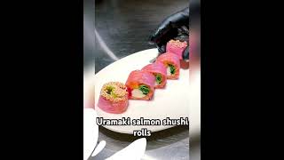 Uramaki shushi rolls sushistyle japanesefood food sushi salmon cooking decoration recipe [upl. by Ettezus686]