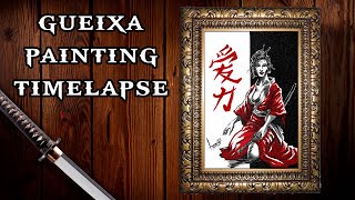 GUEIXA SAMURAI PAINTING PINTURA SAMURAI JAPONESA EM TELA DRAWING TIMELAPSE バガボンド [upl. by Lleinnad]