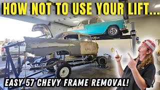 No Hassle 57 Chevy Chassis Removal Rachet Straps To The Rescue [upl. by Gran]