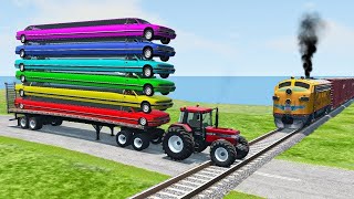 Double Flatbed Trailer Truck vs Speedbumps Train vs Cars  Tractor vs Train BeamngDrive 050 [upl. by Ailama998]