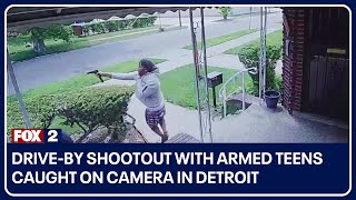 Driveby shootout with armed teens caught on camera in Detroit [upl. by Ayoted]