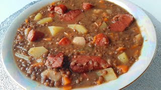 Soupe de lentilles aux saucisses fumées kassler et pommes de terre Recette ALLEMANDE [upl. by Winston]