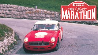 Stirling Moss tackles the Stelvio Pass in an MGB  1989 Classic Marathon Rally [upl. by Ikkim9]