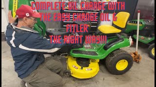 How to A Complete oil change with the Easy Change Oil  Filter John Deere Riding Lawnmower S120 [upl. by Cohby]