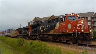 Awesome Friendly Hogger Long Stack Train CN 120 wInspection Car amp DPU thru Downtown Moncton NB [upl. by Falkner]