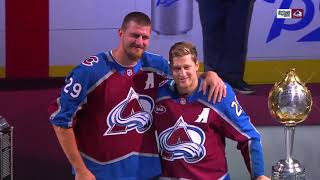 Nathan Mackinnon receives Hart Trophy from Nikola Jokic [upl. by Joacima944]