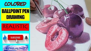 How I draw using 5 colored Ballpoint pen Realistic drawing  Cherries  GLOWieNG ART [upl. by Leticia]