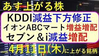 あす上がる株 2024年４月１１日（木）に上がる銘柄 ～最新の日本株での株式投資。KDDI、セブン＆i、イオン、ABCマート、サイゼリアの決算と株価の推移。～ [upl. by Tedmund619]