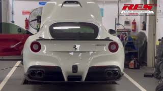 Ferrari F12 upgrade with RES Exhaust SS304 downpipe with heatshield  titanium muffler sound check [upl. by Fancy171]