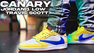 Jordan 1 Retro Low OG SP Travis Scott Canary Review and on Foot [upl. by Montanez]