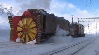 Snow Plowingtrainfart originalDampfschneeschleuder Xrot d 9213 und Bernina Krokodil  Zug train [upl. by Trish]