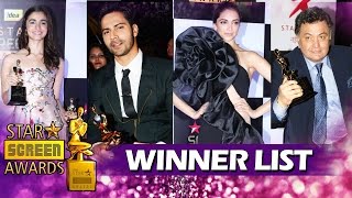 Star Screen Awards 2016  COMPLETE WINNERS LIST  Alia Bhatt Deepika Padukone Varun Dhawan [upl. by Butcher]