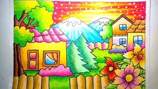 Cara mewarnai gradasi oilpastel  crayon  Pemandangan alam dan rumah  Drawing Scenery [upl. by Atelra]