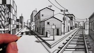 How to Draw Road and Railway in 1Point Perspective Narrated Step by Step [upl. by Aennil289]