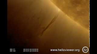 Solar flare prominence  Filament eruption with big CME January 22nd 2013  Video Vax [upl. by Enamart]