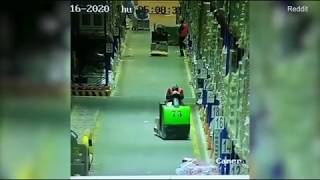 Forklift Driver Falls Asleep and Drives into Shelves [upl. by Fried]