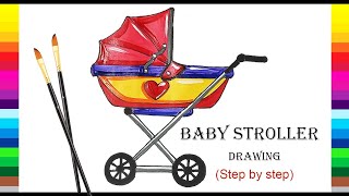 Baby Stroller Drawing  How to draw a Baby Stroller Step by Step [upl. by Astrid]