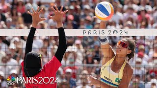 Topranked Brazilian beach volleyball team gets tested by Egypt  Paris Olympics  NBC Sports [upl. by Neitsirk]