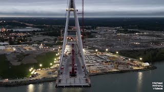 Gordie Howe International Bridge Construction Update 992023  Detroit Michigan 4K Drone [upl. by Atteuqal]