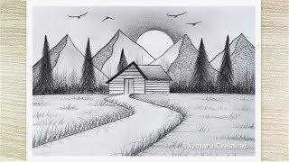 How to draw Sunset in Mountain with pencil Sunset Scenery Drawing with Pencil [upl. by Kass662]