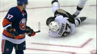 Sidney Crosby puck to schnozz NYI fans chant Feb 5 2013 Pittsburgh Penguins vs NY Islanders NHL [upl. by Ahsikram]