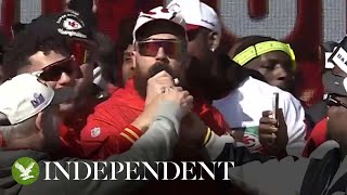 Kelce belts out country song before Mahomes pulls mic away at Chiefs Super Bowl parade [upl. by Paik217]