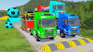 Double Flatbed Trailer Truck vs Speedbumps Train vs Cars  Tractor vs Train BeamngDrive 058 [upl. by Groome55]