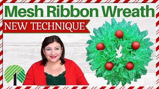 MESH RIBBON CHRISTMAS WREATH TUTORIAL  DOLLAR TREE HOLIDAY WREATH DIY  NEW RIBBON MESH TECHNIQUE [upl. by Dolph]