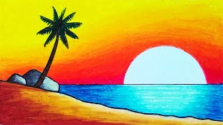 Easy Drawing Beautiful Sunset Scenery With Oil Pastel  How To Draw Easy Sunset Scenery [upl. by Wengert]