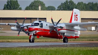 Grumman S2F1 Tracker Conair Turbo Firecat FAYFT arrival at RAF Fairford RIAT 2024 AirShow [upl. by Acinnej]