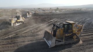 Five Caterpillar D9T And Komatsu D275 Bulldozers In Action  Aerial View [upl. by Barvick913]