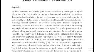 Context Aware Recommendation Based Learning Analytics Using Tensor and Coupled Matrix Factorization [upl. by Gnilhsa]