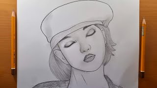 Come disegnare una ragazza carina  disegnando una ragazza con gli occhi chiusi e il cappello [upl. by Naniac]