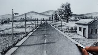 How to Draw a Road Scenery in 1Point Perspective  Pencil Drawing of Landscape [upl. by Aicitan]