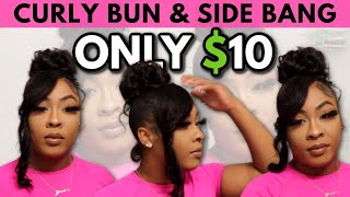 CURLY BUN  SIDE SWOOPED BANG using 10 BEAUTY SUPPLY STORE HAIR [upl. by Hgeilyak164]