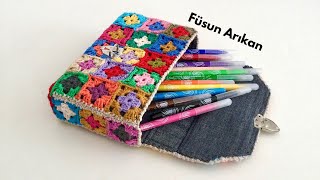 KUTU ŞEKLİNDE ÖRGÜ MOTİFLİ ÇANTA  ARTAN İPLERİ DEĞERLENDİRME  GRANNYSQUARE PURSE [upl. by Nospmoht35]