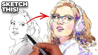 How to sketch a PORTRAIT for beginners Stepbystep ink amp watercolor TUTORIAL [upl. by Eresed]