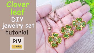 DIY four leaf clover beaded jewelry set  How to make seed bead gift for St Patricks Day Tutorial [upl. by Odnolor]