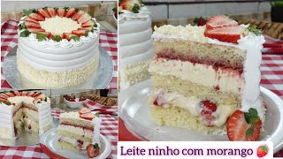 O BOLO MAIS PEDIDO DA VITRINE  LEITE NINHO COM MORANGO 🍓 PASSO A PASSO MASSA RECHEIO  DECORAÇÃO [upl. by Nitfa]