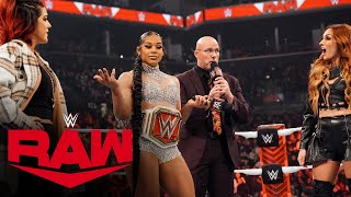 Bianca Belair proposes facing Becky Lynch and Bayley in a highstakes match Raw Feb 13 2023 [upl. by Etnud876]