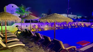 Greece Day 3  Kamari Beach Santorini  Hotels pools restaurants  Live music nightlife [upl. by Nuahsar]