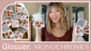 NEW Glossier Monochromes Eyeshadow Review ⭐️ 8 palettes swatched comparison application amp discount [upl. by Stannfield]