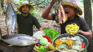 Cooking 10KG Eastern TUNA food of wild cooking and eating with yellow noodle [upl. by Nyltiak]