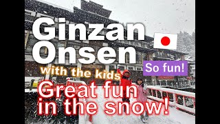 The first big snowfall in their lives in Ginzan OnsenJapan in winter [upl. by Hanafee]