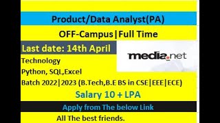 Medianet Hiring  Product Analyst PA  20222023 BatchSalary 10  LPA [upl. by Adelpho]