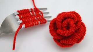 Woolen Rose making trick with fork  No crochet yarn flowers  DIY woolen flower  Embroidery hack [upl. by Adnirem90]