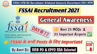 General Awareness  Imp Airports  FSSAI Recruitment 2021  DAY 77  FSSAI Previous Year Questions [upl. by Bonilla]